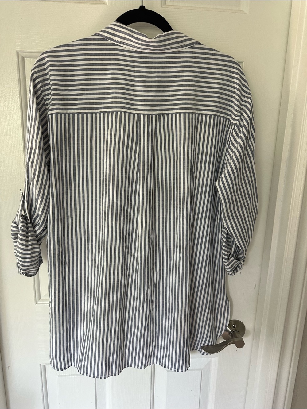 Max Studio Grey and White Vertical Stripe Roll-Tab Blouse - Picture 3 of 6